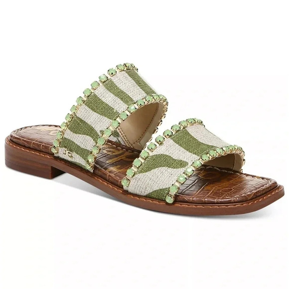 Sam Edelman HOPIE Zebra Green Linen Square Toe Slide Sandals Rhinestones Size 11 - Picture 1 of 16